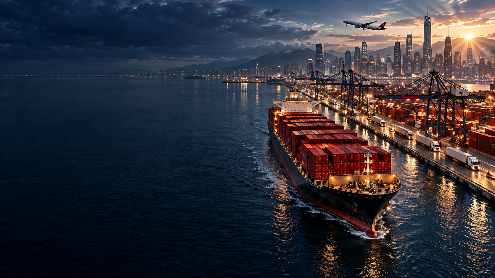 Container ship approaching a global port with cargo aircraft and road freight at dawn